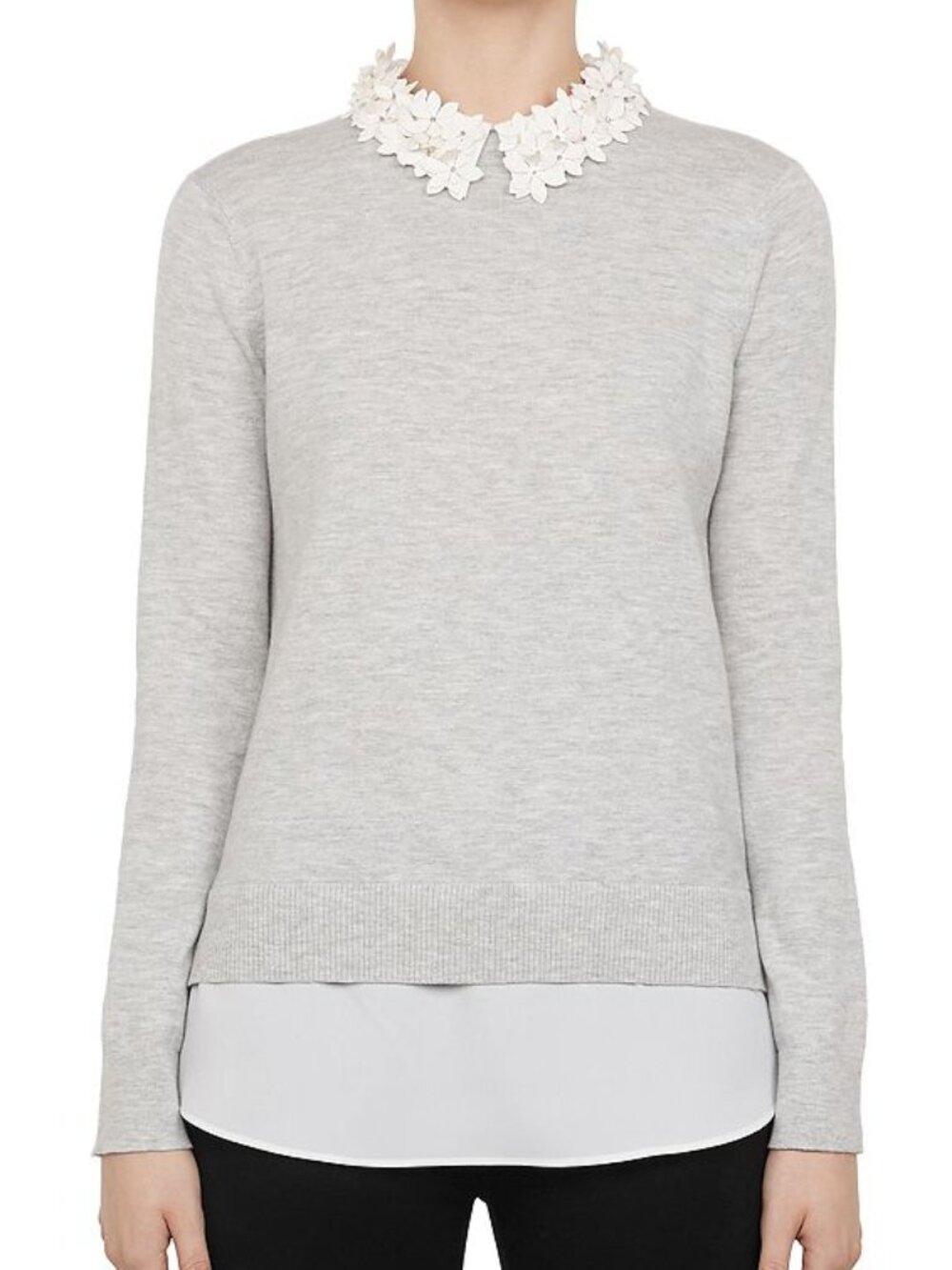 Ted Baker Nansea Floral-Collar Layered-Look Sweater Grey and White Size 3 (M)